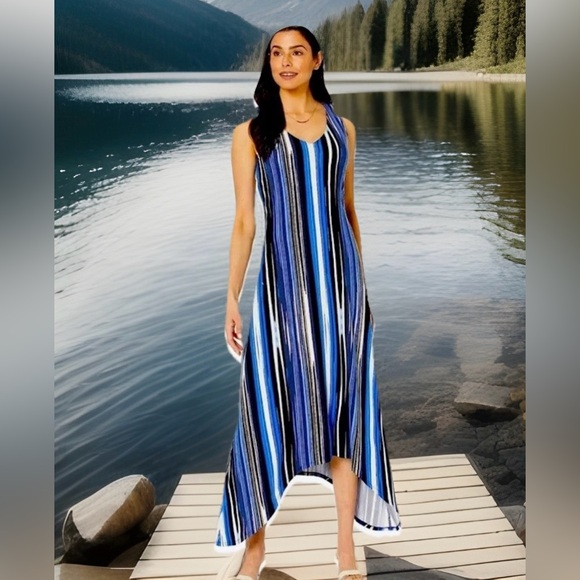 TOMMY BAHAMA Brighton Maxi Dress Women Small Blue Striped Handkerchief Hem Beach - Picture 1 of 11